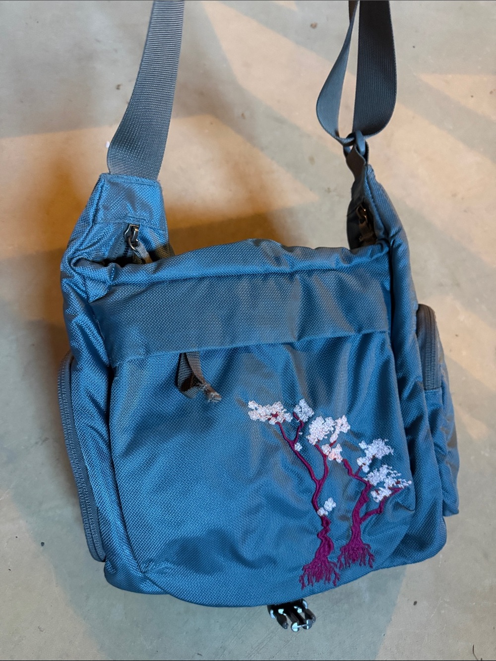 Eastern Mountain Sports Teal Blue Crossbody Bag with Floral Embroidery